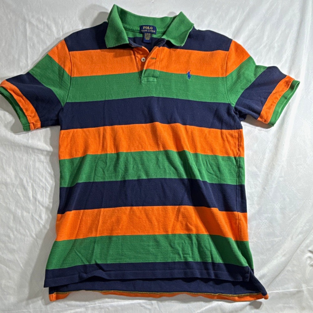 Polo Ralph Lauren Boys 18-20 Striped Short Sleeve Cotton Knit Polo Green Orange